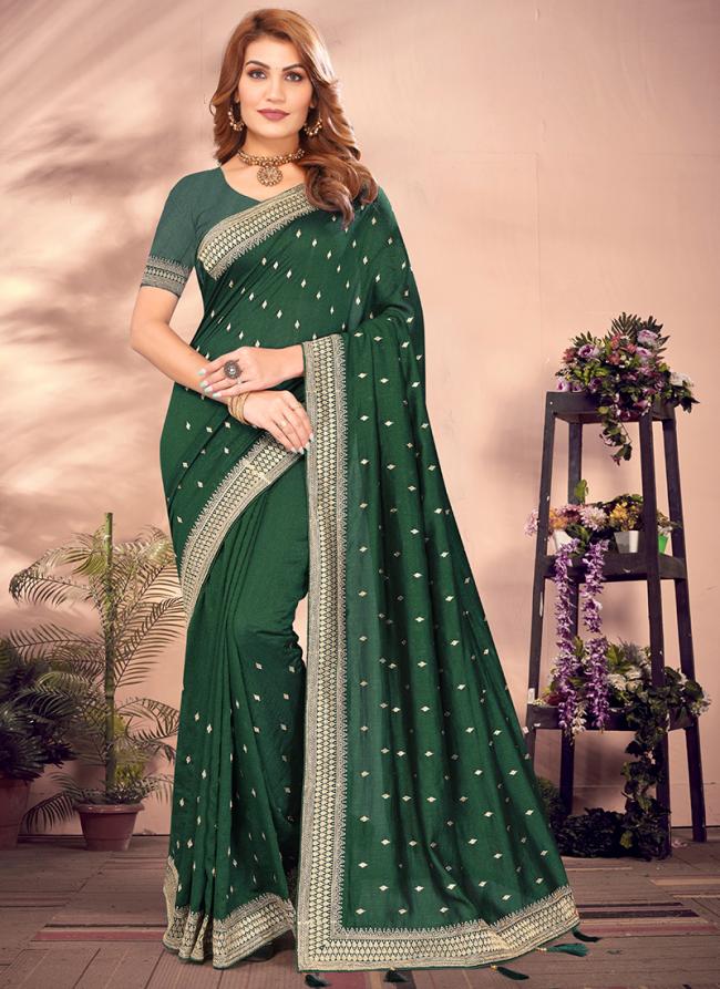 Vichitra Blooming Bottle Green Wedding Wear Embroidery Work Saree